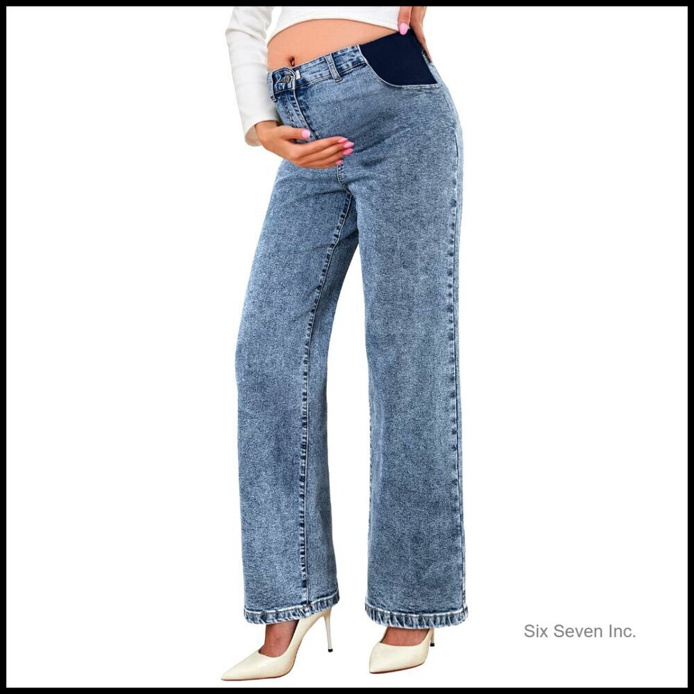 Maternity Jeans High Waist Straight Leg Denim Pants Adjustable Comfort